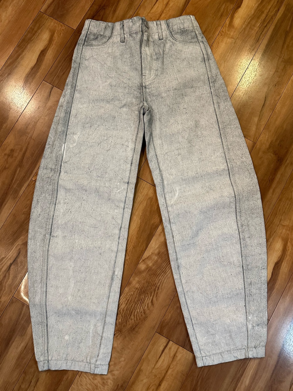 Zara Wax Coated Barrel Jeans Paint Splatter Distressed Gray EU 32 US 0 NWOT